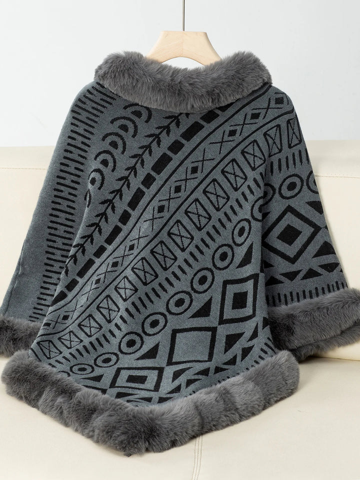 Poncho Met Patroon – Winter Warme Cape Met Imitatiebontrand