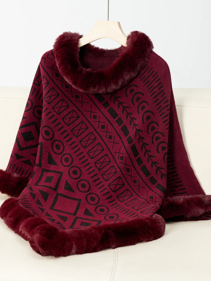 Poncho Met Patroon – Winter Warme Cape Met Imitatiebontrand