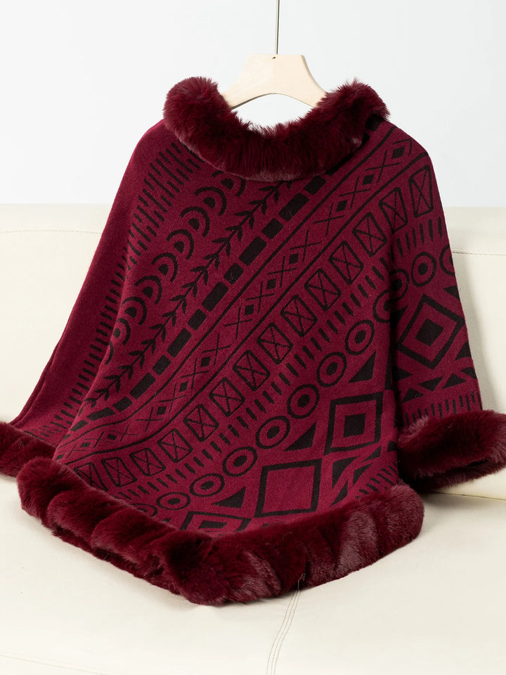 Poncho Met Patroon – Winter Warme Cape Met Imitatiebontrand