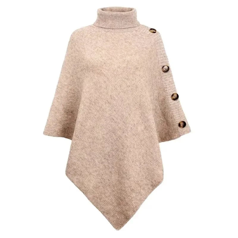 Poncho Met Knopen Op De Schouders – Zachte Gebreide Cape Met Col