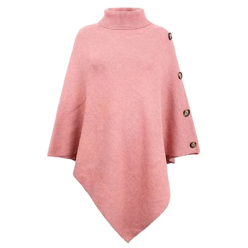 Poncho Met Knopen Op De Schouders – Zachte Gebreide Cape Met Col