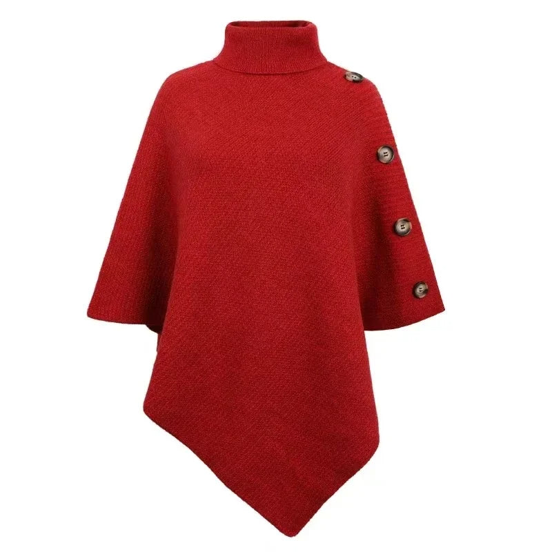 Poncho Met Knopen Op De Schouders – Zachte Gebreide Cape Met Col