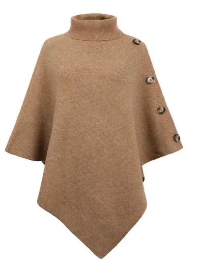 Poncho Met Knopen Op De Schouders – Zachte Gebreide Cape Met Col