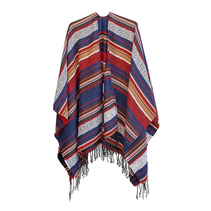 Hippie Poncho Met Strepen – Boho Stijl Warme Kleurrijke Cape