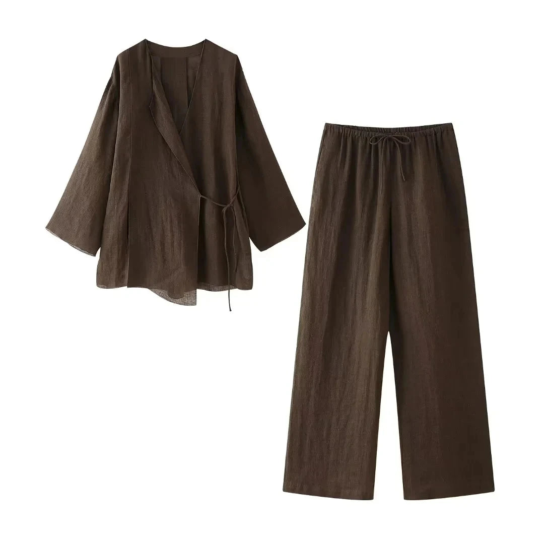 Kimono Loungewear Set Met Strikceintuur – Losvallende Top En Broek