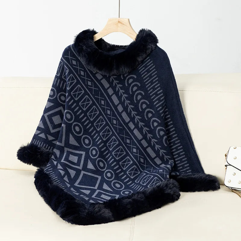 Poncho Met Patroon – Winter Warme Cape Met Imitatiebontrand