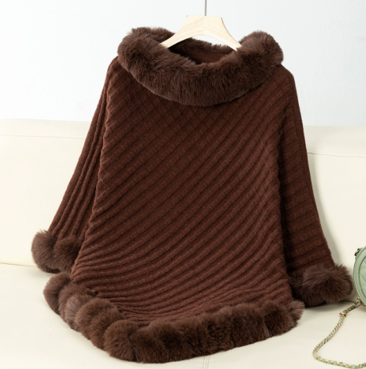 Poncho Met Nepbontrand – Zachte Gebreide Cape Met Kraag