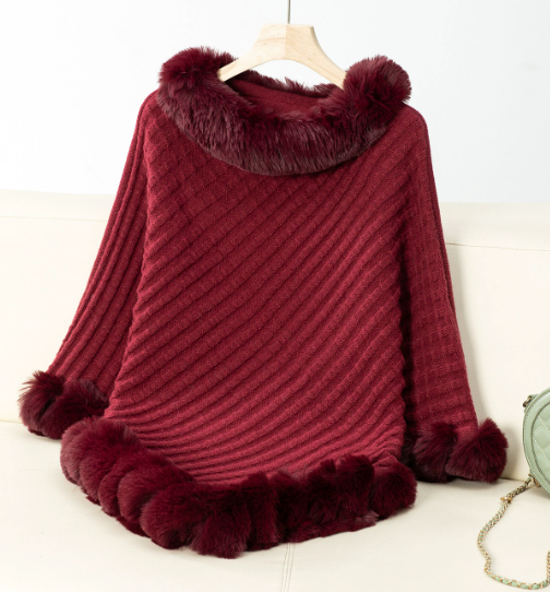 Poncho Met Nepbontrand – Zachte Gebreide Cape Met Kraag