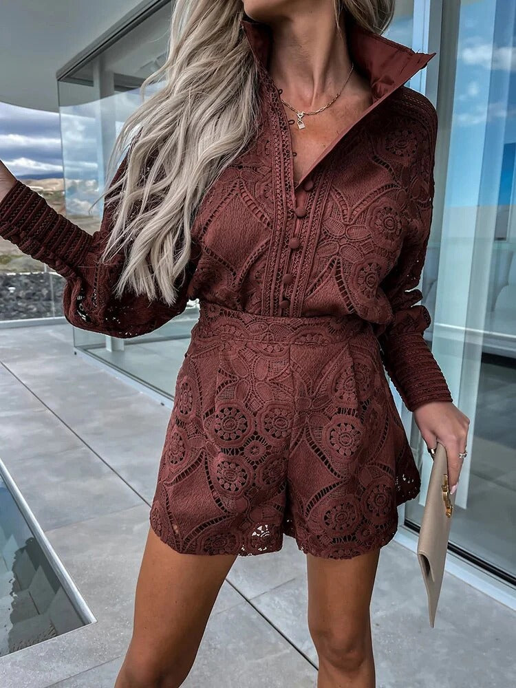 Chic Romance Dameskanten Set Met Elegante Blouse En Korte Broek - Tweedelige Set