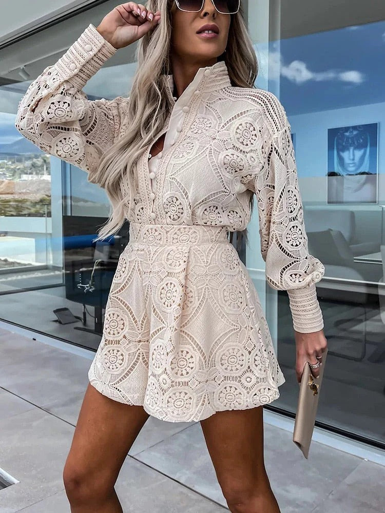 Chic Romance Dameskanten Set Met Elegante Blouse En Korte Broek - Tweedelige Set
