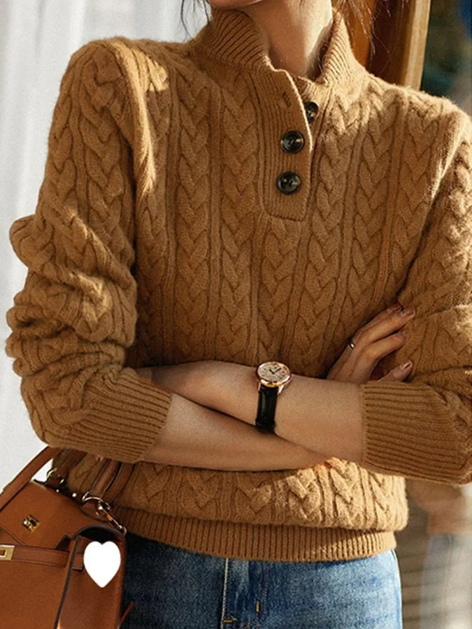 Autumn Glow Kabelgebreide Coltrui Met Knoopdetail - Comfortabele Sweater