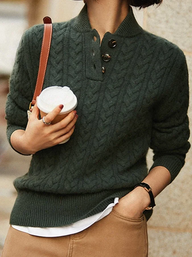 Autumn Glow Kabelgebreide Coltrui Met Knoopdetail - Comfortabele Sweater