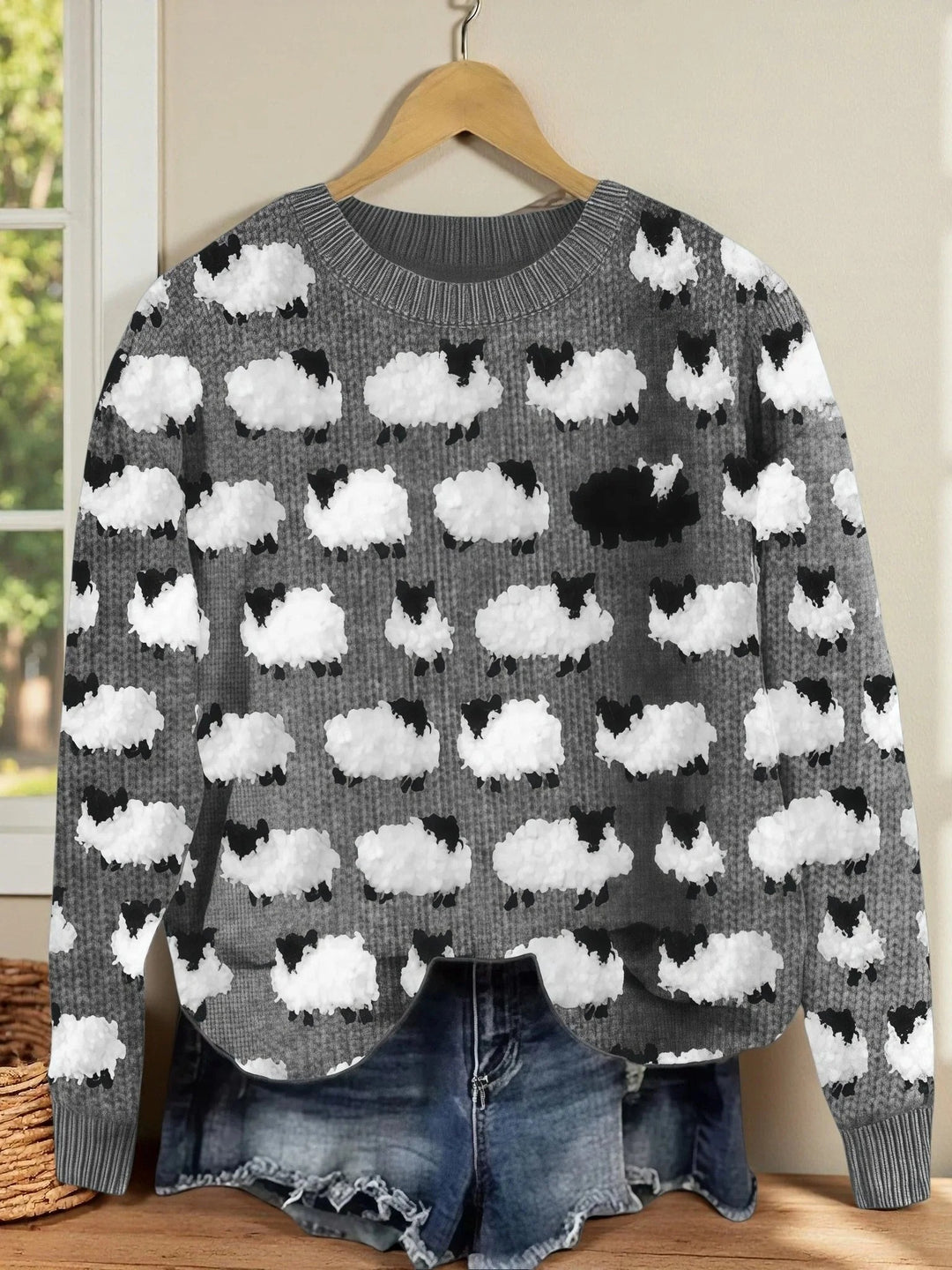 Pasture Dreams Dames Sweater – Comfortabele Vintage Groene Wollen Trui Met Schapenprint