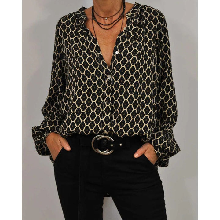 Goddess Glow Boho Print Blouse Met V Hals - Knopen En Soepel Vallende Lange Mouwen