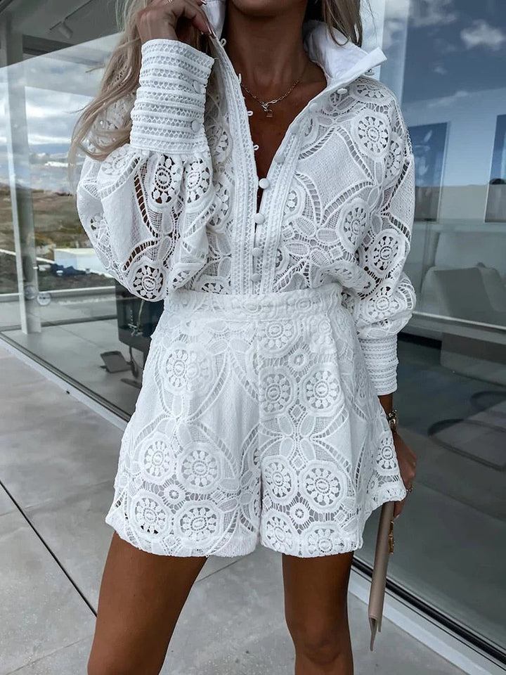 Chic Romance Dameskanten Set Met Elegante Blouse En Korte Broek - Tweedelige Set
