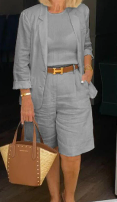 Chic Breeze Linnen Set Voor Dames – Casual Chique Zomeroutfit Met Blazer En Korte Broek