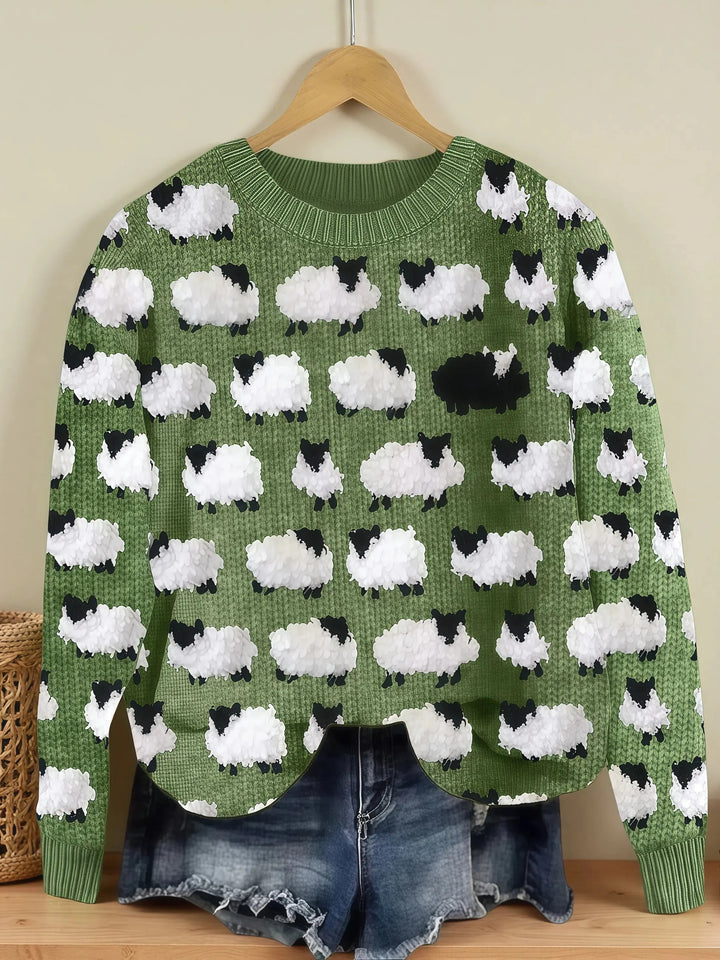 Pasture Dreams Dames Sweater – Comfortabele Vintage Groene Wollen Trui Met Schapenprint