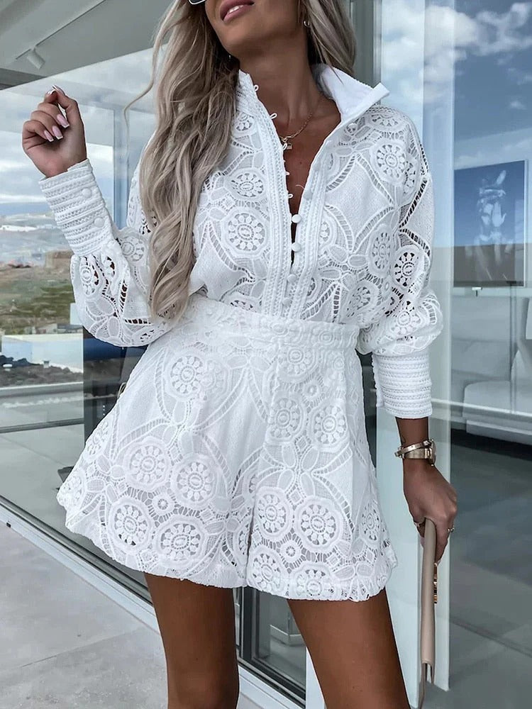Chic Romance Dameskanten Set Met Elegante Blouse En Korte Broek - Tweedelige Set