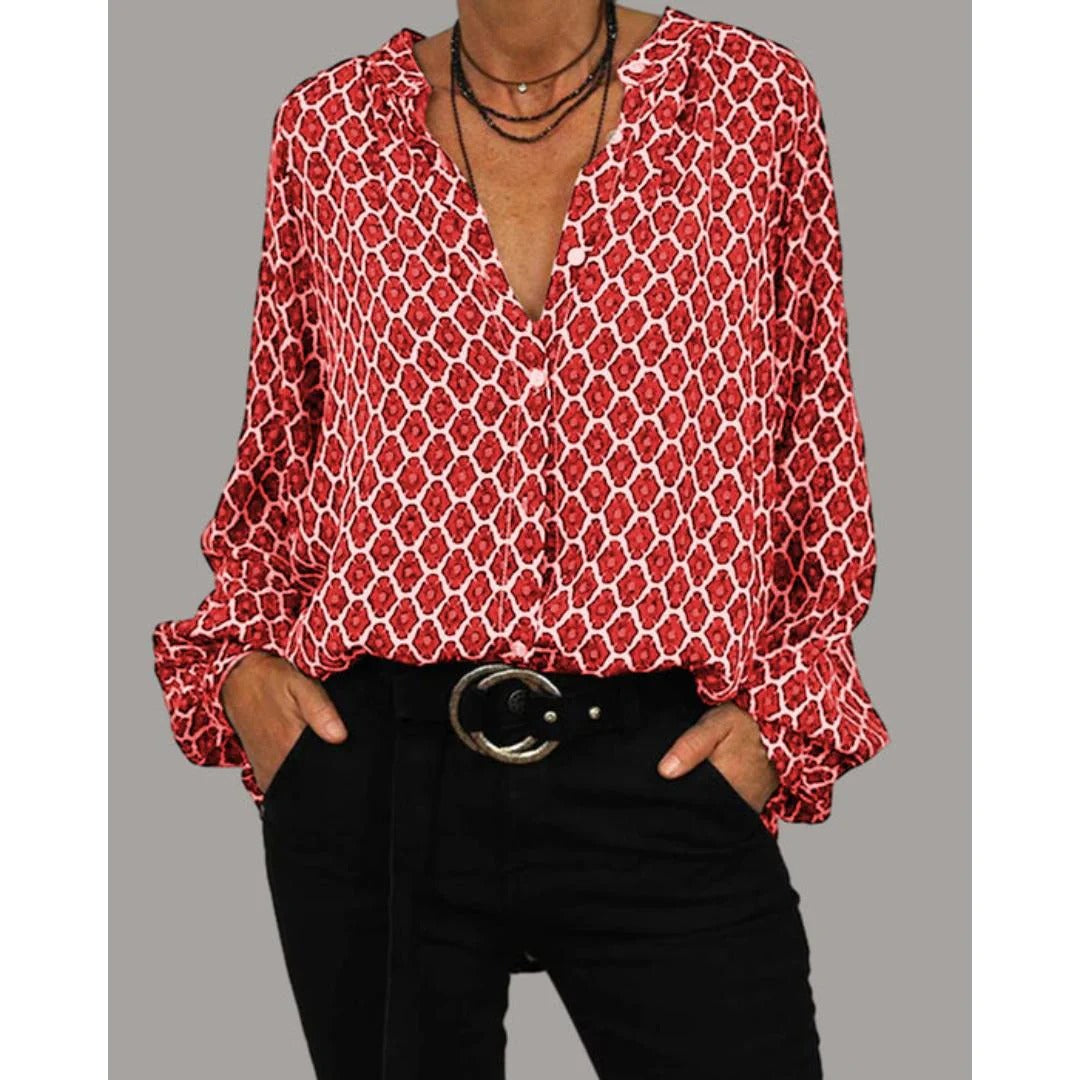 Goddess Glow Boho Print Blouse Met V Hals - Knopen En Soepel Vallende Lange Mouwen