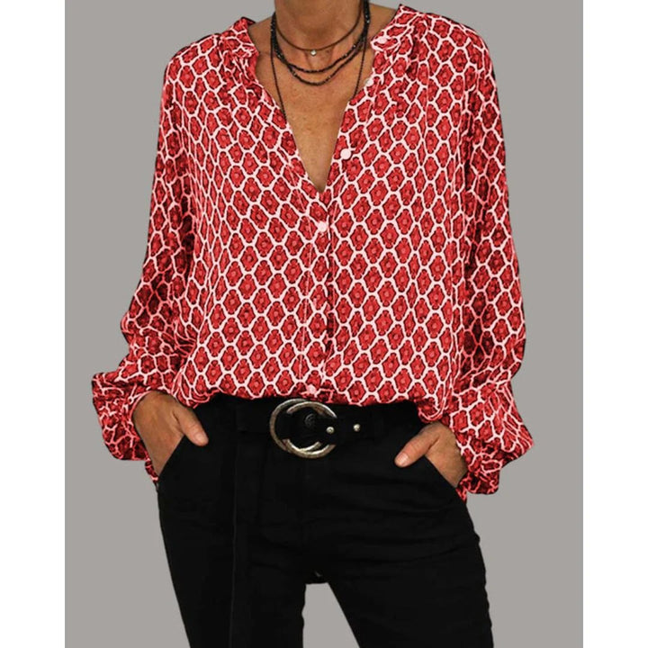 Goddess Glow Boho Print Blouse Met V Hals - Knopen En Soepel Vallende Lange Mouwen