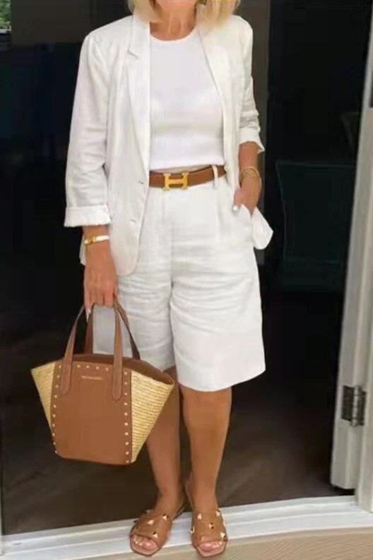 Chic Breeze Linnen Set Voor Dames – Casual Chique Zomeroutfit Met Blazer En Korte Broek