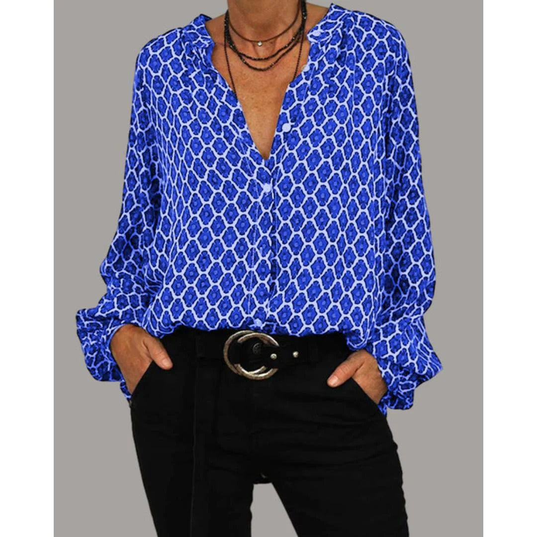 Goddess Glow Boho Print Blouse Met V Hals - Knopen En Soepel Vallende Lange Mouwen