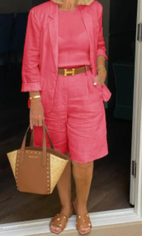 Chic Breeze Linnen Set Voor Dames – Casual Chique Zomeroutfit Met Blazer En Korte Broek