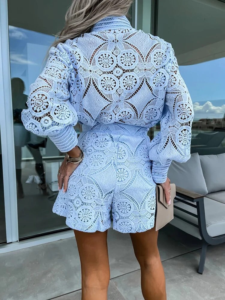 Chic Romance Dameskanten Set Met Elegante Blouse En Korte Broek - Tweedelige Set