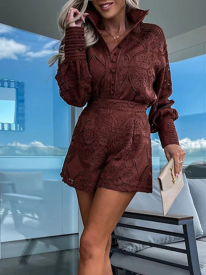 Chic Romance Dameskanten Set Met Elegante Blouse En Korte Broek - Tweedelige Set